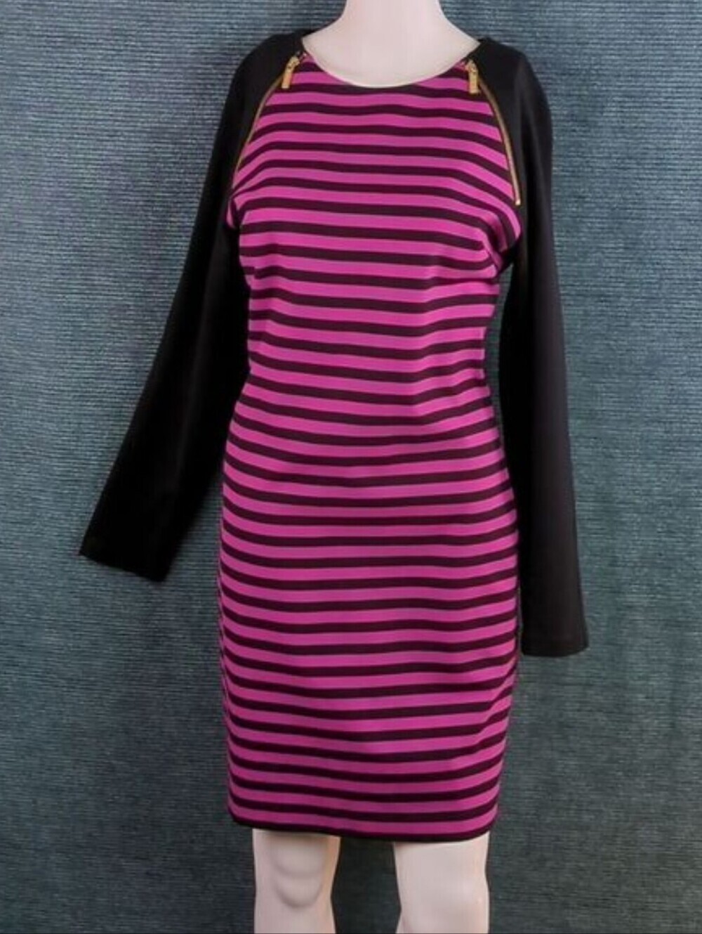 Michael Kors Zip Shoulder Dress Magenta & Black Striped Long Sleeves - Picture 2 of 10
